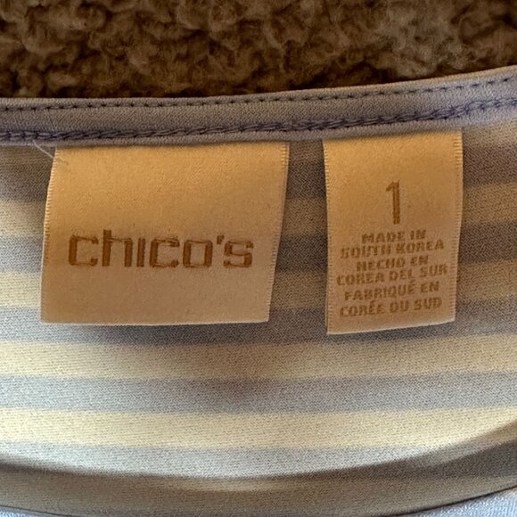 Chicos Striped Oversize Tunic‎ Top Womens Sz M Blue White Layered Hem Nautical - Picture 9 of 14